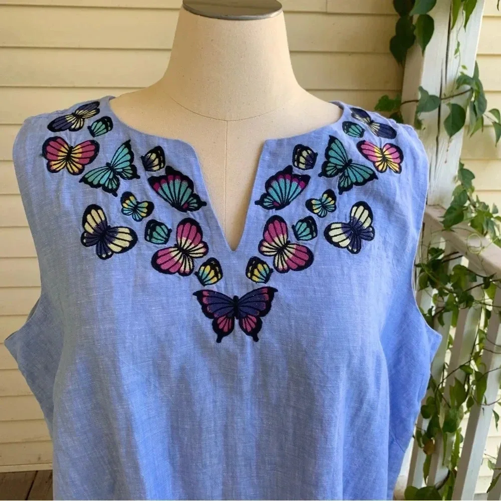 NWT Talbots Embroidered Butterfly Linen Blend Shift Dress Plus Size 22W Blue - Picture 5 of 10